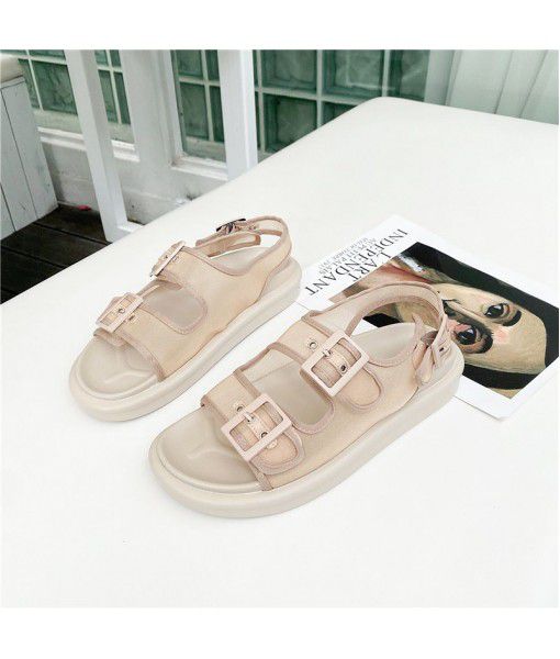 Women's leather sandals 2020 summer new mesh ventilation buckle flat sole casual versatile beach shoes