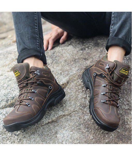Manufacturer's direct sale first layer cow leather autumn new outdoor hiking shoes high top mountaineering shoes antiskid wear-resistant camping shoes
