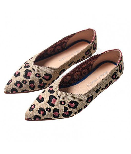 Pointed Leopard Print Foldable Leisure Women Fly Knit Flats Boat Shoes